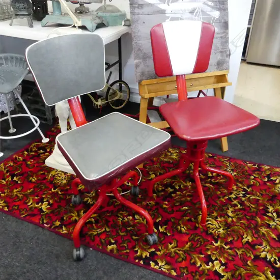 2 RED PAINTED VINTAGE INDUSTRIAL OFFICE CHAIRS - 'DURABLE COMFORT BY CHAS. JUDD LTD THAMES'
