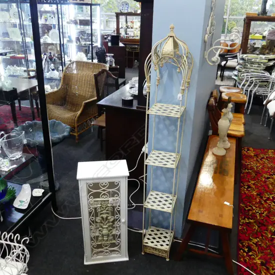 SMALL WHITE PAINTED CABINET H.760mm + 4 TIER CREAM METAL STAND H.1660mm