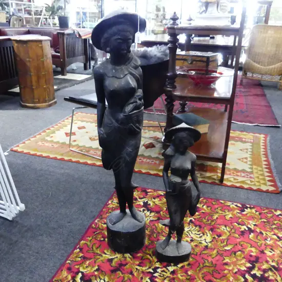 2 CARVED WOODEN INDONESIAN WOMAN H.1000mm