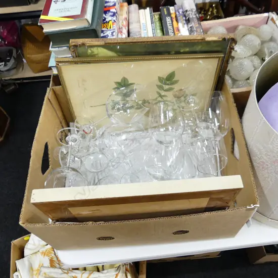 BOX LOT ASST. DRINKING GLASSES (WINE ETC), 2 DECANTERS, 3 PRINTS