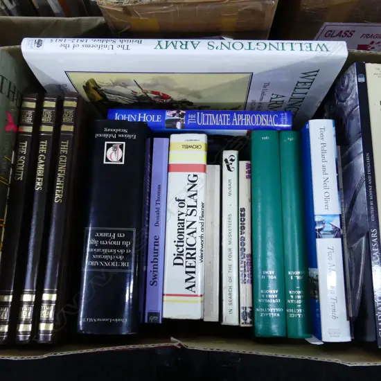 BOX LOT ASST. BOOKS; SHIPS, SLANG, WELLINGTONS ARMY, ARMS & ARMOUR