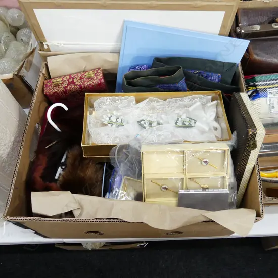 BOX LOT FUR COAT, BUTTONS, 3 SETS OF CASED CUTLERY ETC