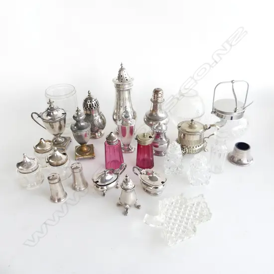 TRAY OF ASST. EP & CUT GLASS CONDIMENTS; SUGAR SHAKERS, SALTS, MUSTARD ETC