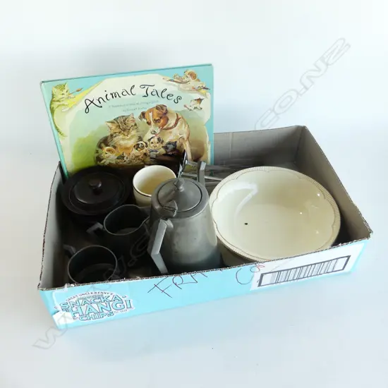 BOX LOT 3PC PEWTER TEASET CHINA CHILDS BOOK  & MEAT SCEWERS