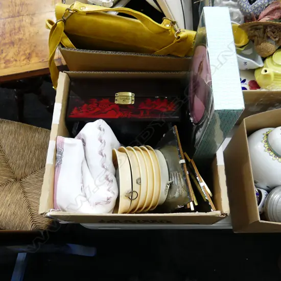 BOX ASST BALLET THEMED ITEMS INCL LG TABLECLOTH, HAND MIRROR & BRUSH SET, MINIATURE FRAMED PRINTED, MUSIC BOX ETC..