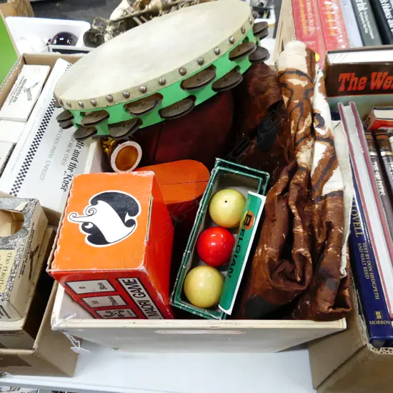 BOX LOT TAPA CLOTH, MAORI GAME, RUGBY BALL, TEAPOT, 3 BILLIARD BALLS, McCALLUM JUG ETC