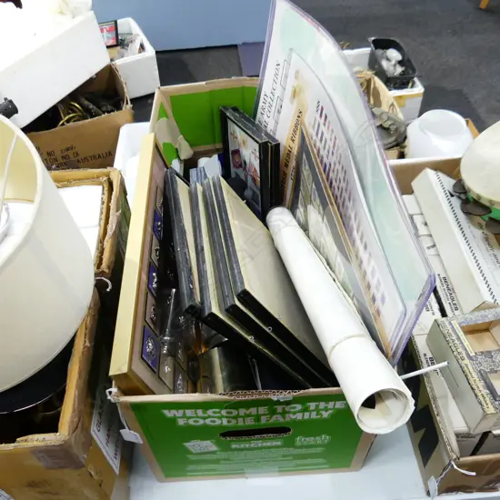 BOX LOT ASST. UK MILITARY PRINTS, FRAMED CAP BADGES, FLAGS, POSTERS ETC