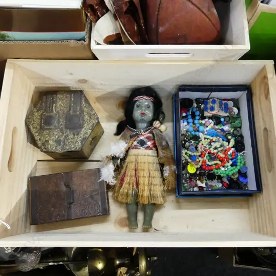 WOODEN BOX ASST; BUTTONS, VINTAGE MAORI DOLL,TINS