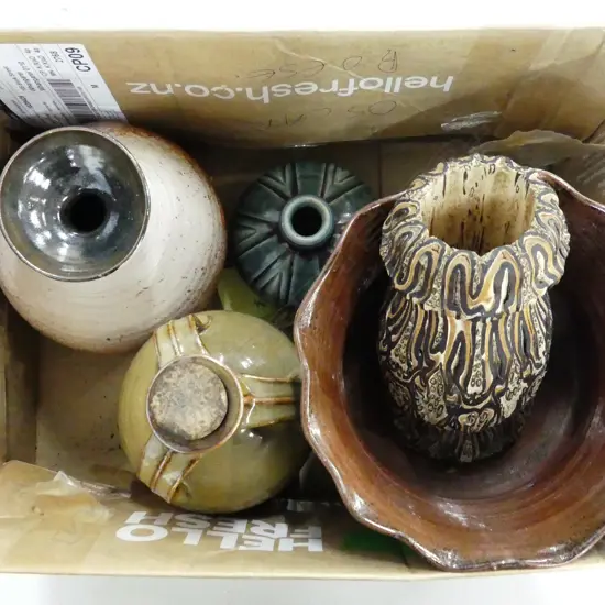 BOX LOT ASST. STUDIO POTTERY, WOODEN BARK VASE