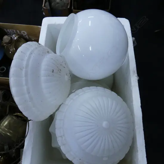 BOX LOT WHITE GLASS LIGHT SHADES, DECO ETC