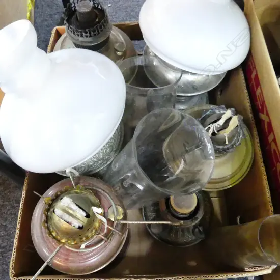 BOX LOT 6 ANTIQUE KEROSENE LAMPS, 3 FLUES