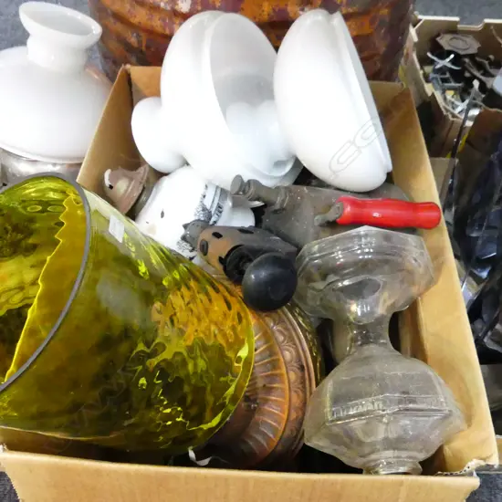 BOX LOT ASST KEROSENE LAMPS, LIGHT FITTINGS ETC