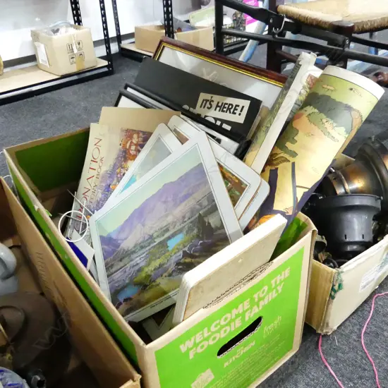 BOX LOT ASST. ARTWORKS; L. T. NORWELL ABORIGINALS W/C, SHOOTING POSTER, 1953 CORONATION SOUVENIRS ANCIENT COINS ETC