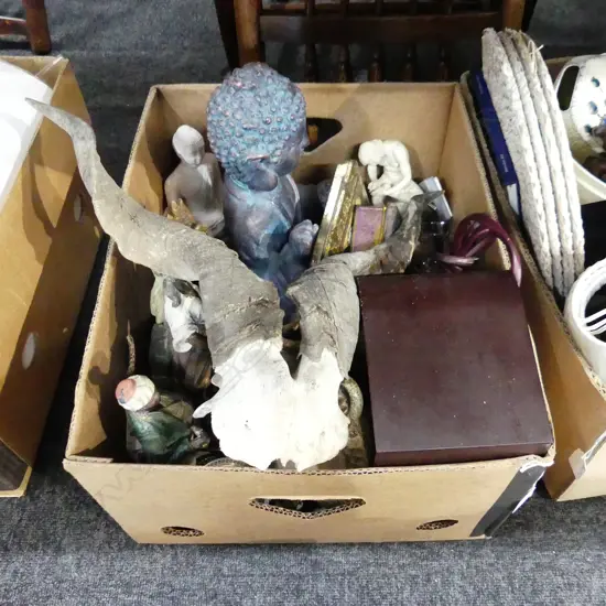 BOX LOT 2 BUDDHAS, PR FIGURES, CARVED WOODEN TEMPLE DOG, ANIMAL HORNS, RADIO, ASST. EP ETC