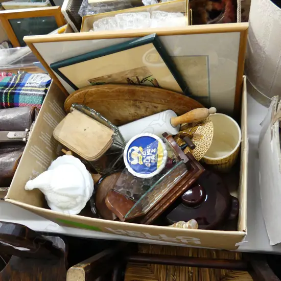 BOX LOT ASST. VINTAGE KITCHENWARE; SALT BOXES, BREAD BOARD, ROLLING PIN, 2 ARTWORKS ETC