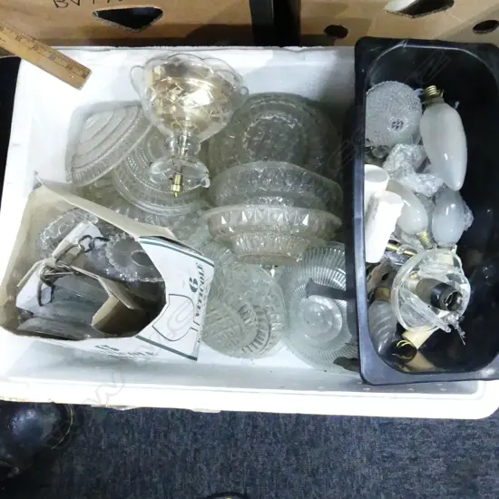 BOX LOT ASST. CHANDELIER PARTS; DRIP TRAYS ETC