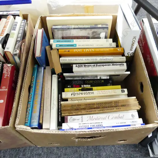 BOX LOT ASST. BOOKS; MEDIEVAL ARMOUR & WEAPONS ETC