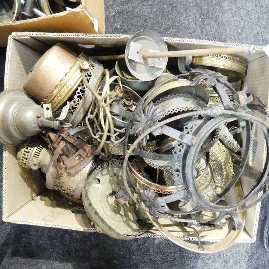 BOX LOT ASST. ANTIQUE LIGHT FITTINGS; CEILING KERO LANTERNS ETC
