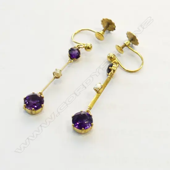 PR 9CT GOLD AMETHYST AND PEARL DROP EARRINGS (screw backs)
