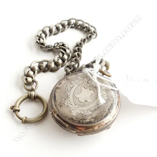 800 SILVER ANTIQUE POCKET WATCH ON CHAIN 85.5 GRAMS