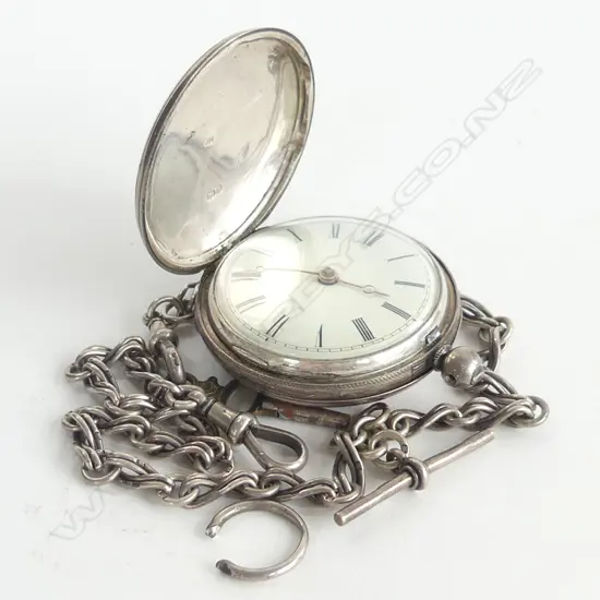 OLD STG SILVER POCKET WATCH & FOB CHAIN  140GMS