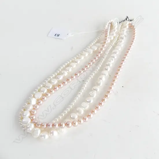 3 STRAND PEARL NECKLACE, EACH STRAND HAS A DIFFERENT SIZE & COLOUR PEARL