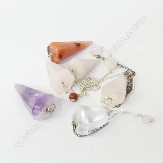 COLLECTION 6 GEMSTONE PENDULUMS; ROSE QUARTZ, AMETHYST, MOUNTAIN CRYSTAL