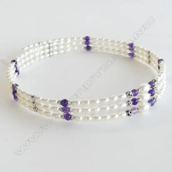 AMETHYST & FAUX PEARL 3 STRAND CHOKER 