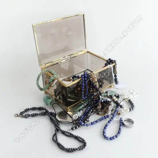 GLASS BOX OF ASST GEMSTONE NECKLACES & COSTUME JEWELLERY