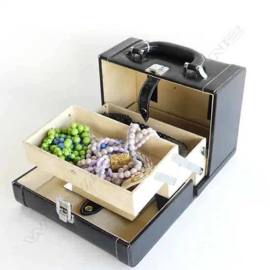 BLACK VINYL COMPARTMENT JEWELLERY BOX WITH ASST COSTUME JEWELLERY ETC..