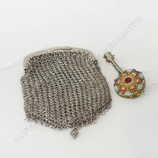SILVER MESH COIN PURSE 55 GRAMS + ITALIAN MICRO MOSAIC GUITAR BROOCH L.55mm