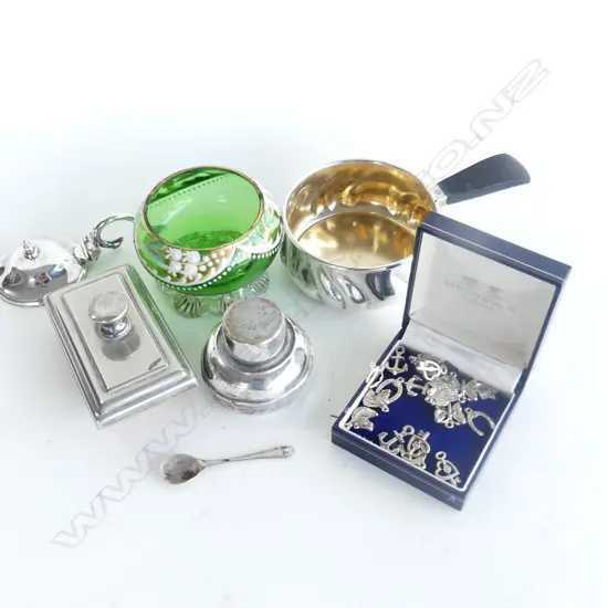 800 SILVER POT w. EBONY HANDLE 66 GRAMS + ASST. SILVER METAL CHARMS, INK BLOTTER ETC