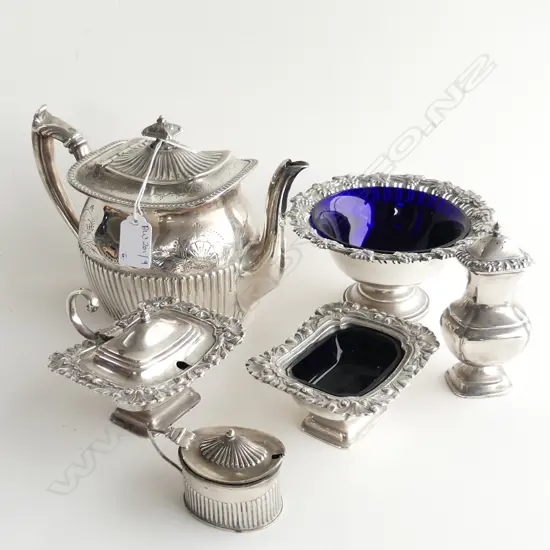 6 PCES ANTIQUE SILVER PLATE; TEAPOT, CONDIMENTS ETC