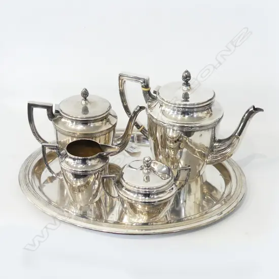VINTAGE SILVER PLATE SET; TRAY, TEAPOT, COFFEE POT, MILK JUG & LIDDED SUGAR BOWL