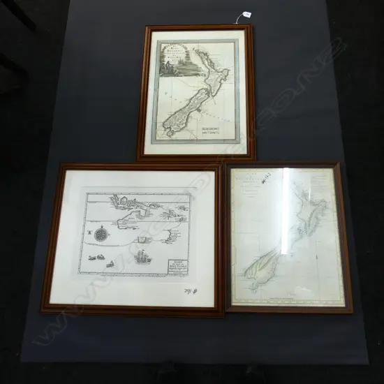 3 FRAMED PRINTS OLD MAPS OF NZ C. 1642 1772 & 1798  370 X 450MM