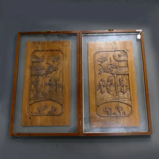 PR CARVED WOODEN CHINESE PANELS, FRAMED 810x505mm overall