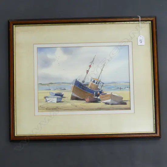 WILLIAM NEWTON, COASTAL BOAT SCENE, SIGNED, 335 X 230MM