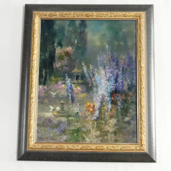 EDWARD RABY RA (ROYAL WORCESTER ARTIST) FLORAL LANDSCAPE w. CLASSICAL FOLLY - OIL ON CANVAS 485x385mm