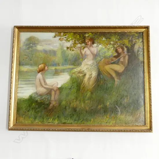 SIGNED OIL ON CANVAS - 2 MAIDENS & A LUTE PLAYER IN ARCADIAN LANDSCAPE 555x760mm