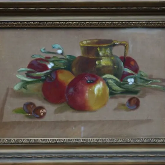 UNKNOWN ARTIST, STILL LIFE, JUG & FRUIT, PASTEL ON BOARD, 200mm x 340mm