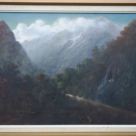 JOHN DOUGLAS PERRETT (NZ 1859-1937), TRACK AND GORGE THROUGH SOUTHERN ALPS, OIL ON CANVAS, SIGNED, 350mm x 450mm