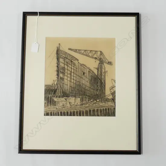 IAIN S. BERGIUS '534' SHIP BUILDING BLACK CRAYON ON BROWN PAPER 1933 285x250mm