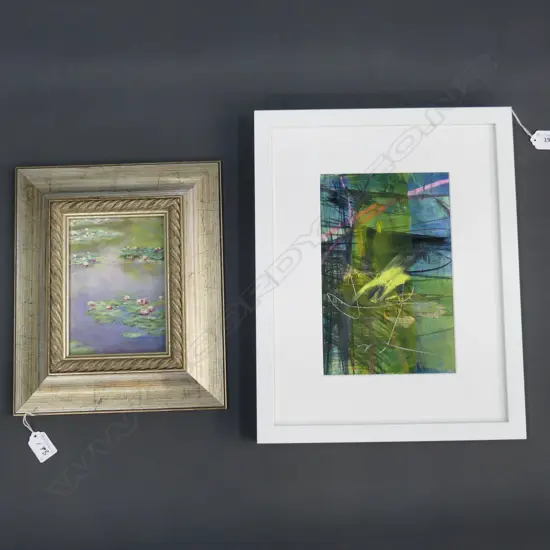 TWO FRAMED ART WORKS - ABSTRACT H.141MM W.132MM ; MONET COPY OIL ON BOARD H.132MM W.126MM