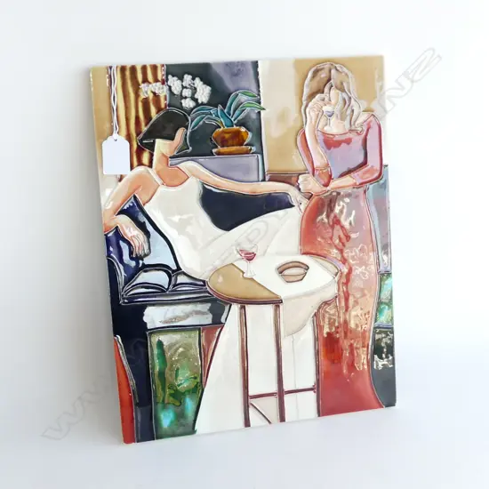 CERAMIC ART PLAQUE - 2 WOMEN DRINKING WINE 355x280mm