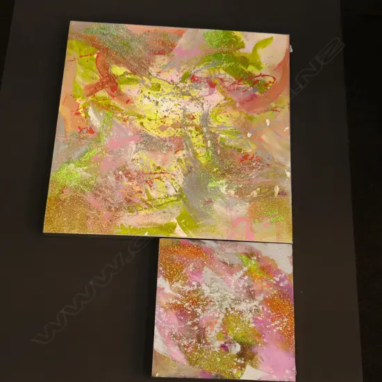 2 MIXED MEDIA ABSTRACT PAINTINGS ON CANVAS - UNSIGNED 760 X 760MM & 400 X 400MM