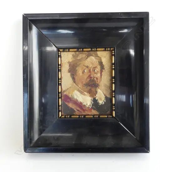 UNSIGNED PORTRAIT OIL ON BOARD - DUTCH? GENTLEMAN w. VAN DYKE MUSTACHE & WHITE LACE COLLAR 125x100mm EBONISED FRAME