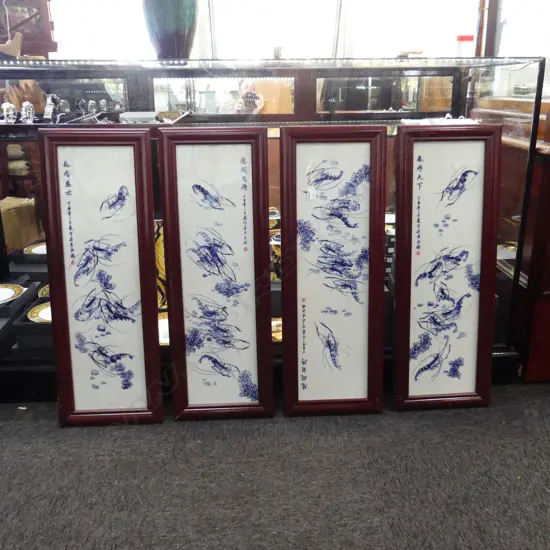 4 B/W STUDIO PORCELAIN TILES - SHRIMP DESIGN 840MM X 300mm overall SIGNED & FRAMED