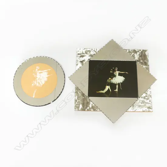 2 RETRO MIRROR FRAMES WITH BALLERINA PRINTS; 1 ROUND (DIA 245MM) & STAR SHAPE (DIA 420MM)