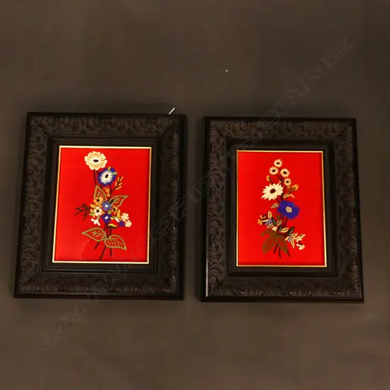 PR FLORAL EMBROIDERIES ON RED LINEN NEWLY FRAMED 255x190mm