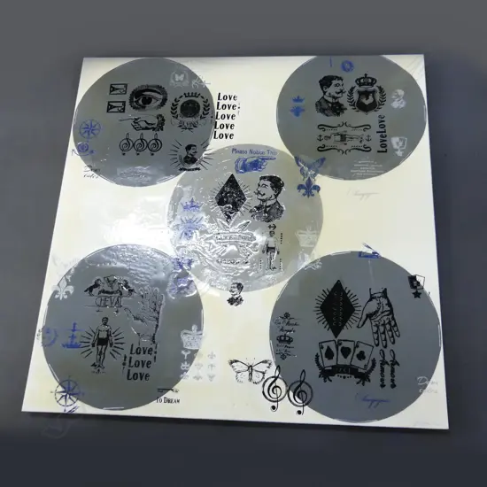 LG CONTEMPORARY ARTWORK SIGNED R. J. HOULIHAN - FIVE SILVER CIRCLES - MIXED MEDIA ON CANVAS 1020x1020mm